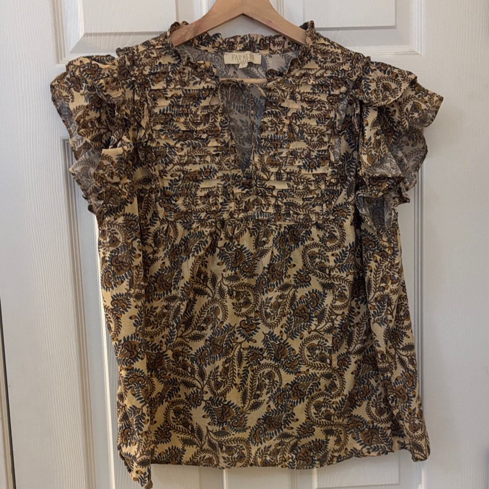 Farmers Market Ruffle Sleeve Blouse in Cream and Brown XL